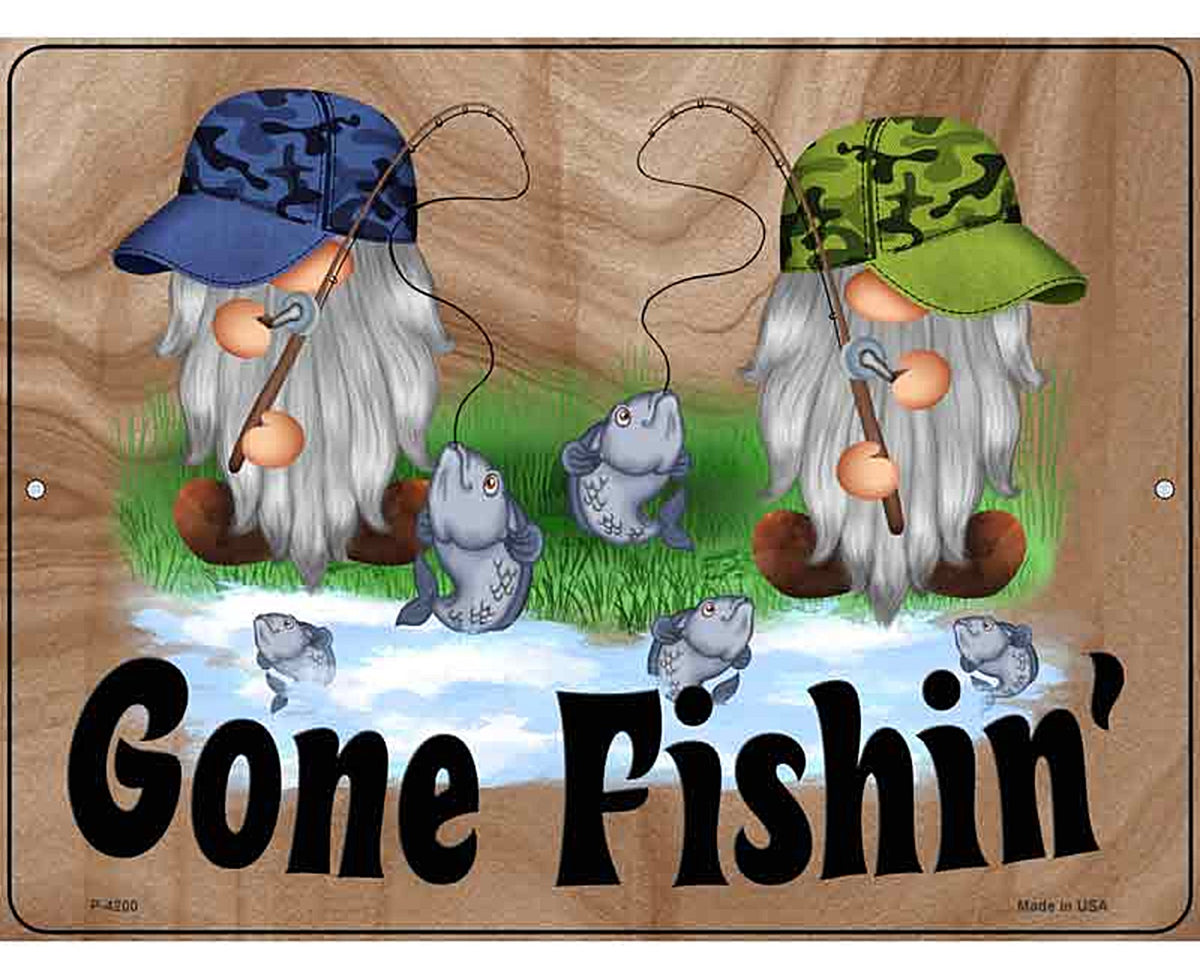 Gone Fishing Two Camo Gnomes Novelty Metal Parking Sign