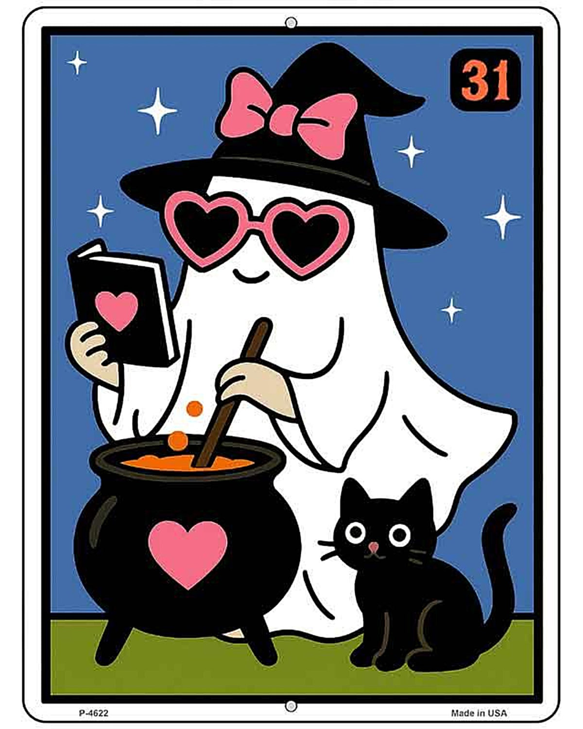 Ghost Witch with Cauldron Metal Novelty Parking Sign P-4622