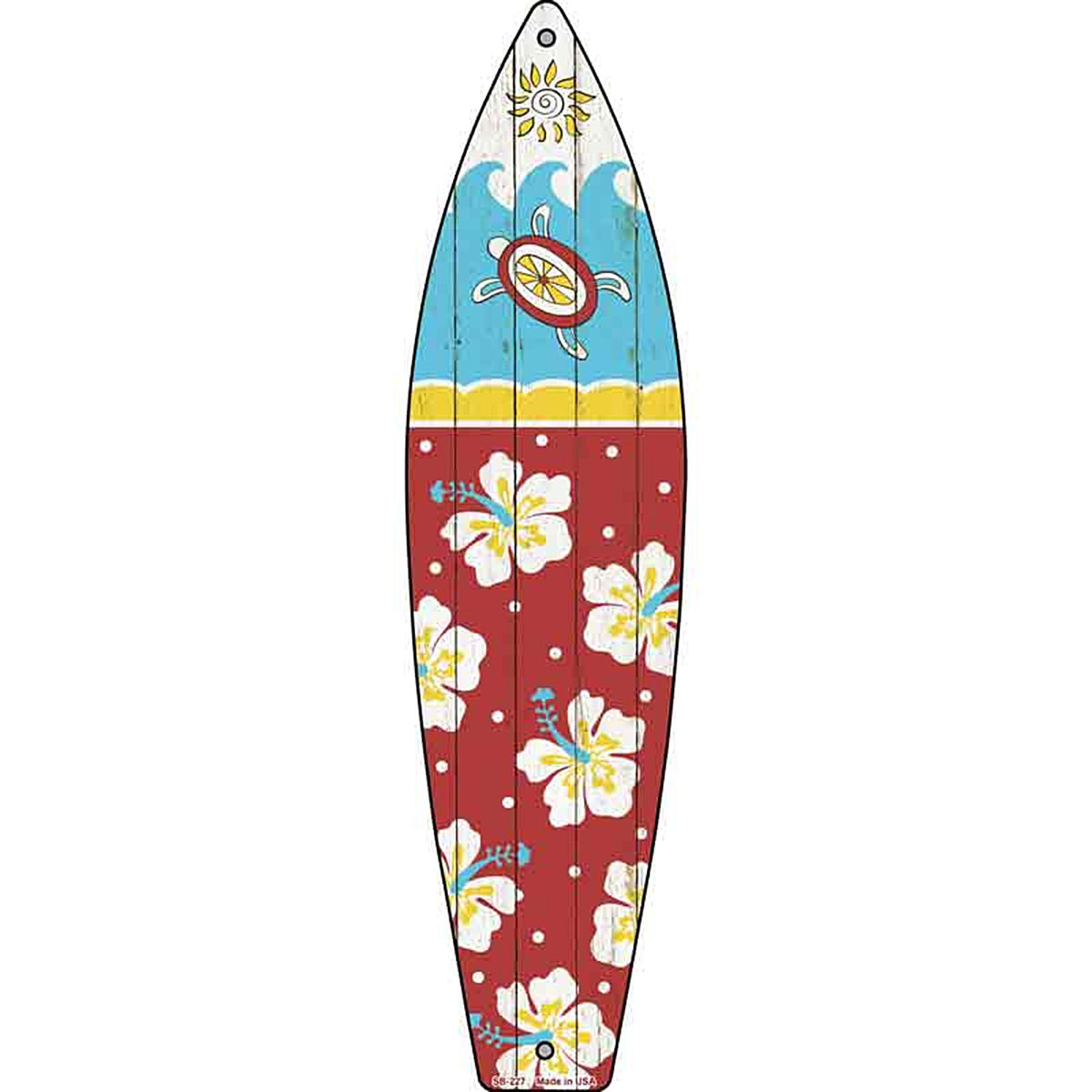 Sea Turtle With Hibiscus Flower Metal Surfboard Sign