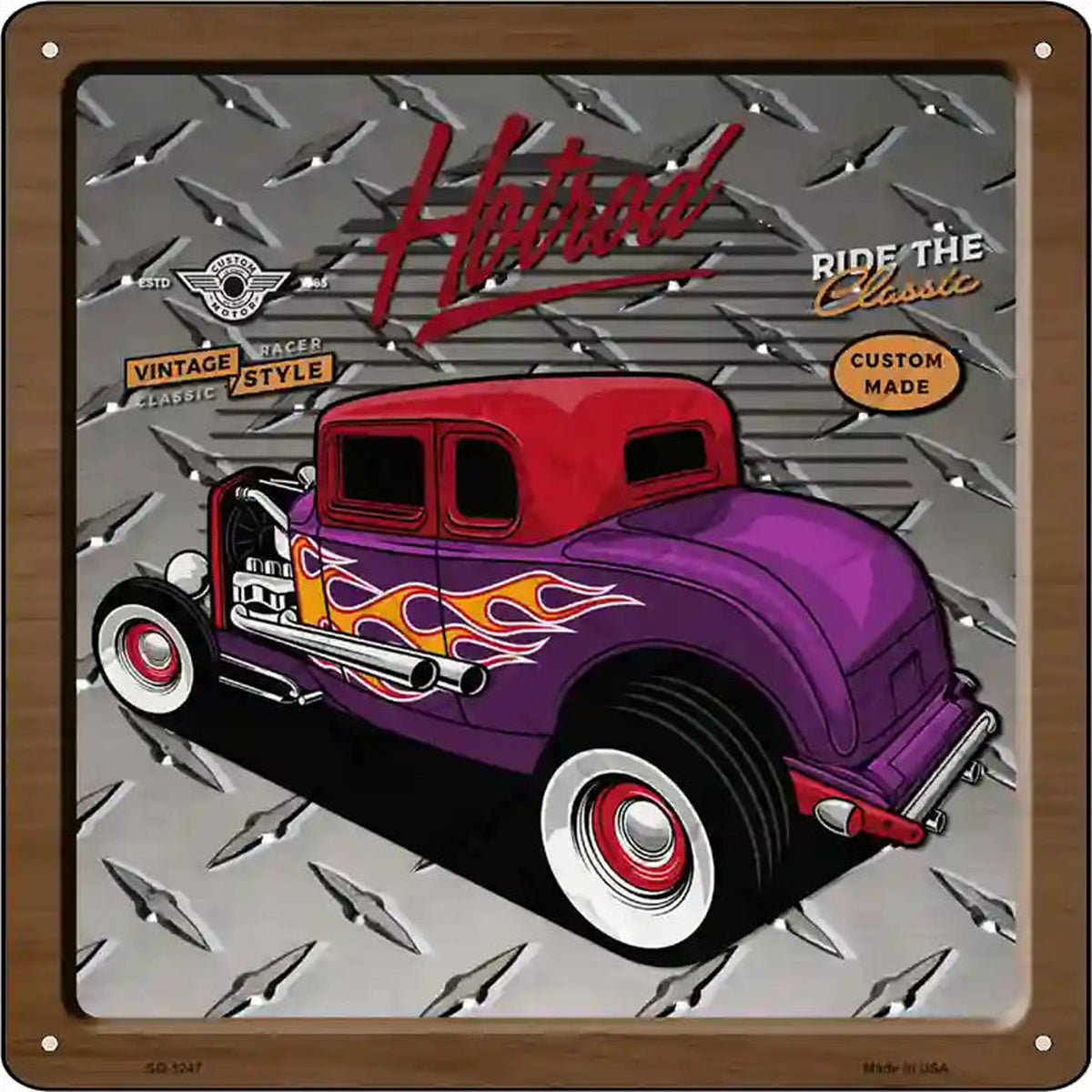 Purple Flames Hotrod Novelty Metal Square Sign