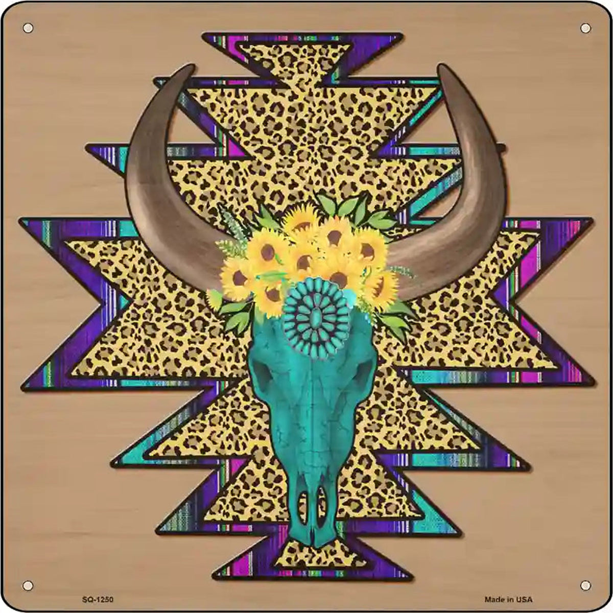 Long Horns Cheetah Print Novelty Metal Square Sign