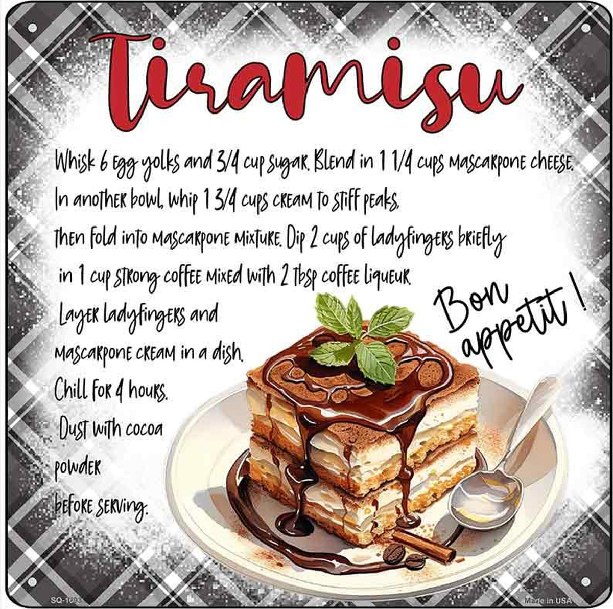 Tiramisu Recipe Novelty Metal Square Sign