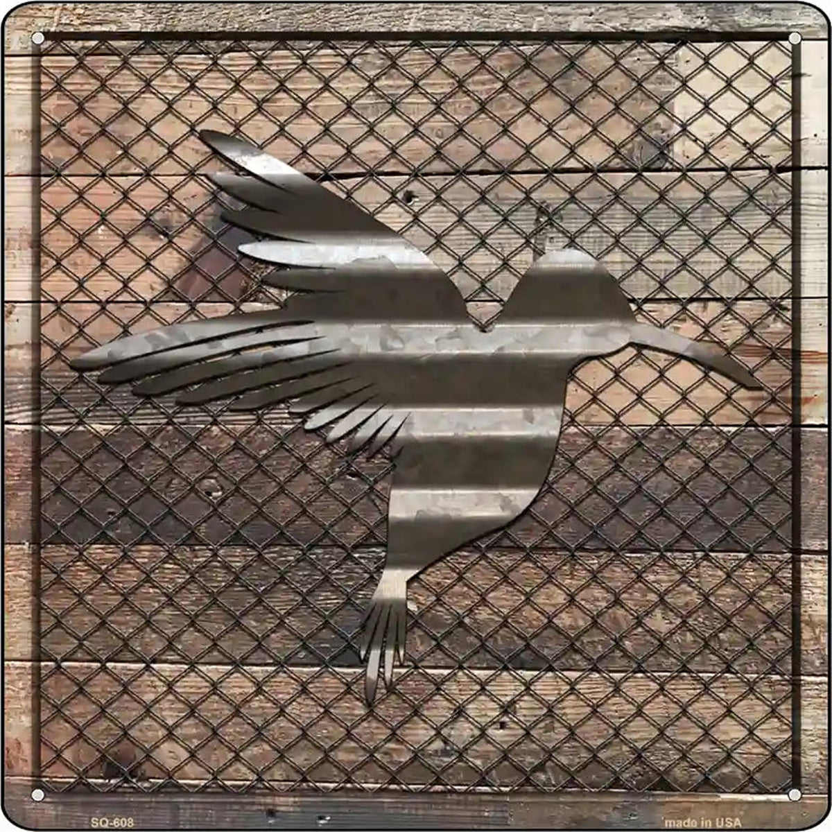 Corrugated Hummingbird on Wood Novelty Metal Square Sign