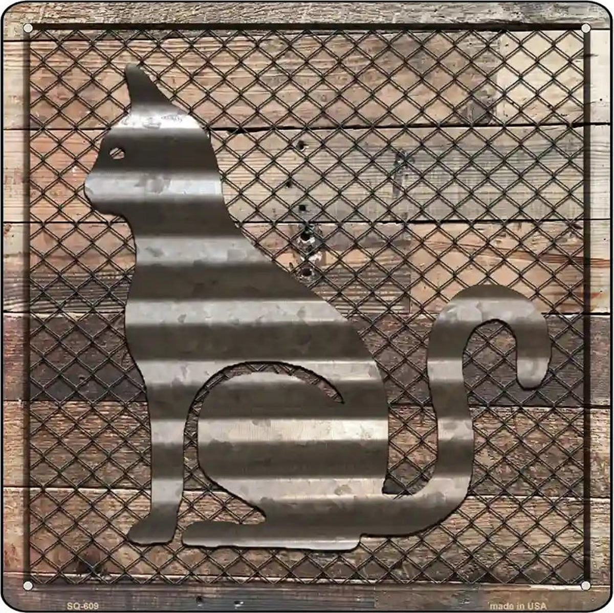 Corrugated Cat on Wood Novelty Metal Square Sign