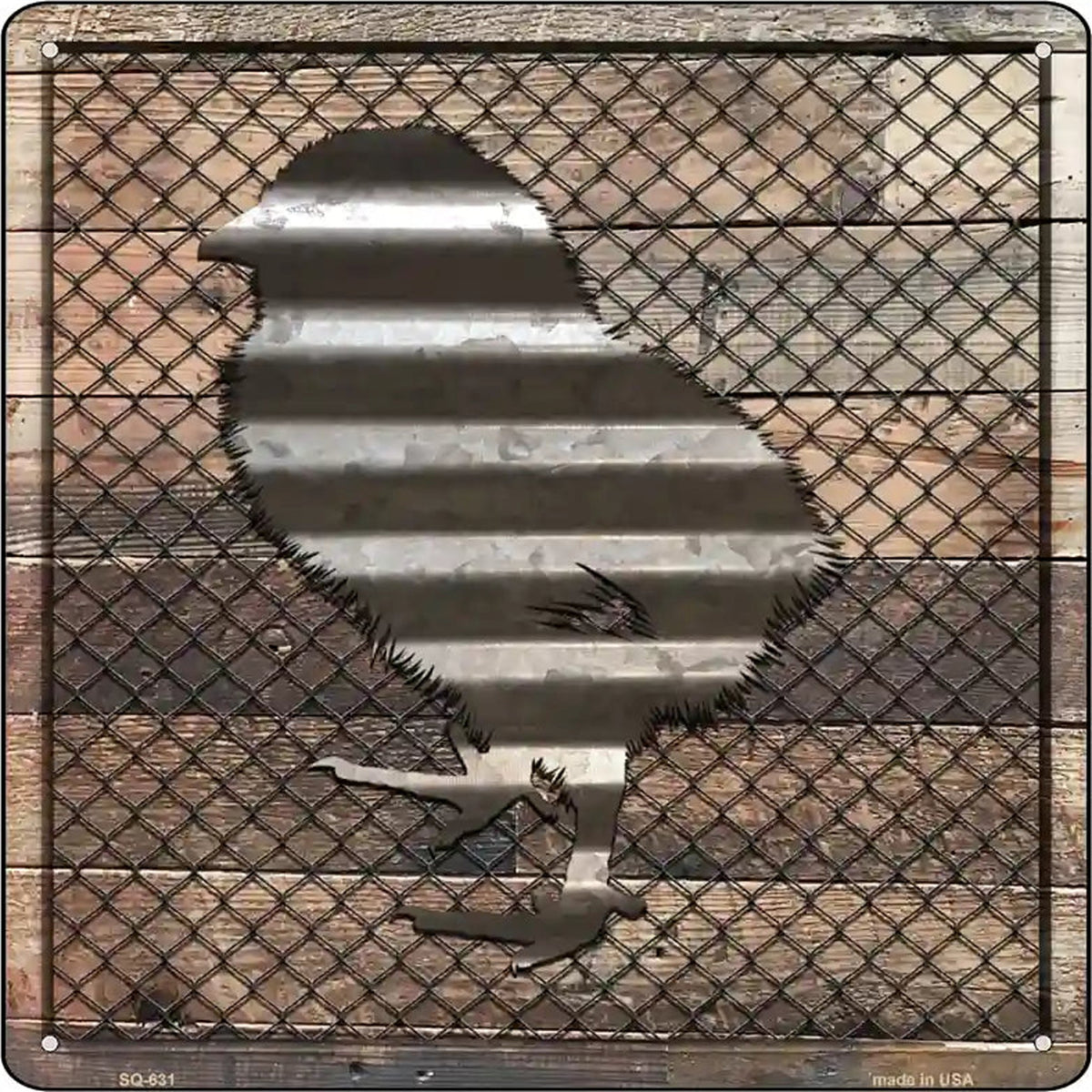 Corrugated Chick on Wood Novelty Metal Square Sign