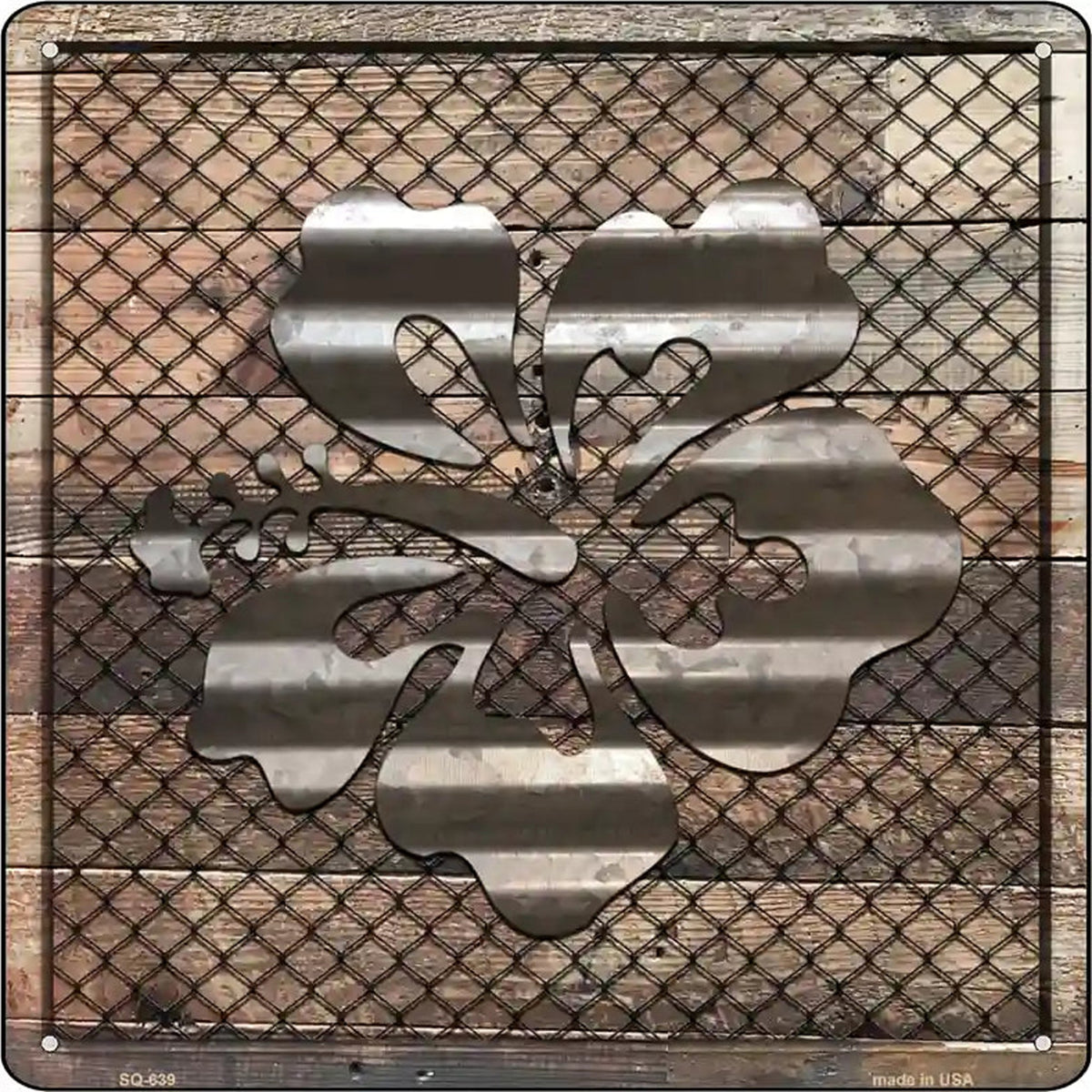 Corrugated Hawaiian Flowers on Wood Novelty Metal Square Sign