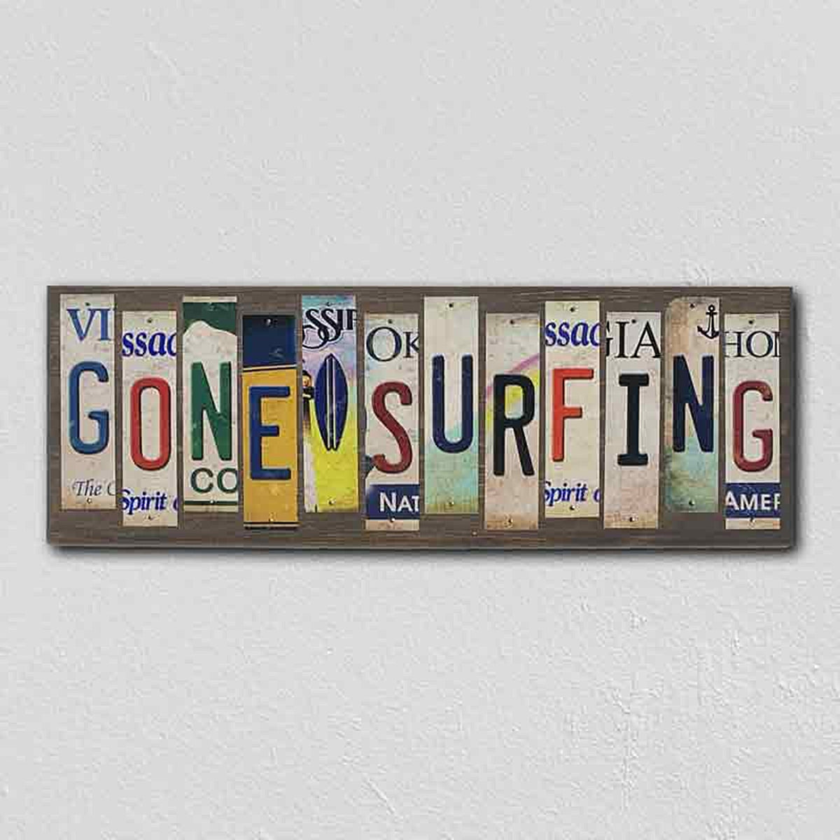 Gone Surfing License Plate Tag Strip Novelty Wood Sign
