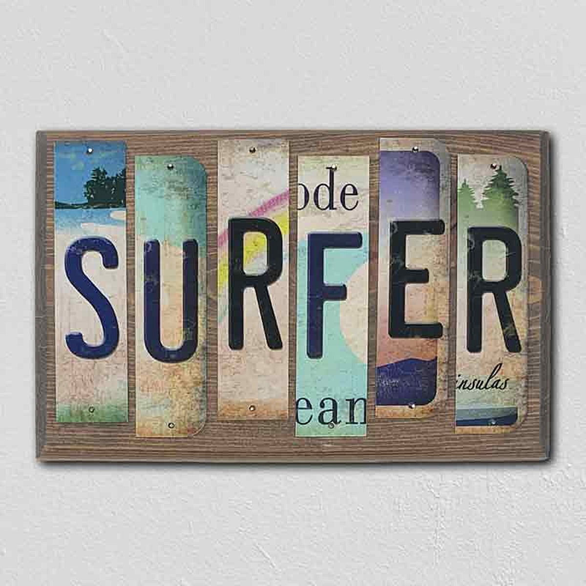 Surfer License Plate Tag Strips Novelty Wood Sign