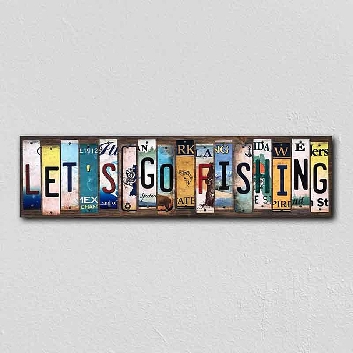 Lets Go Fishing License Plate Tag Strips Novelty Wood Signs