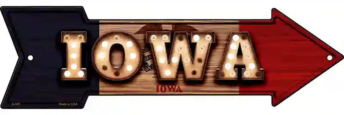 Iowa Bulb Lettering With State Flag Metal Arrow Sign