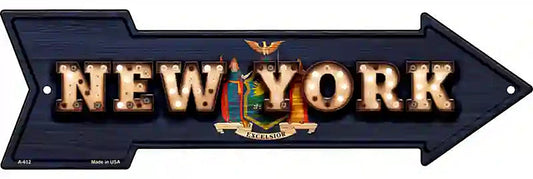 New York Bulb Lettering With State Flag Metal Arrow Sign