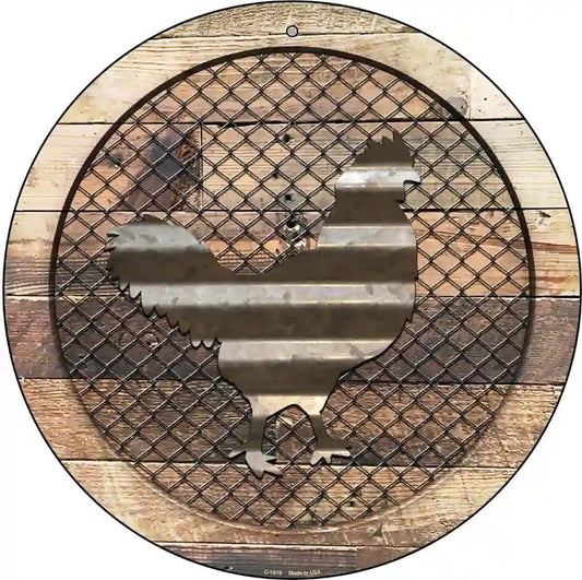 Corrugated Chicken on Wood Novelty Metal Circular Sign