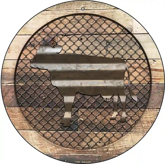 Corrugated Cow on Wood Novelty Metal Circular Sign