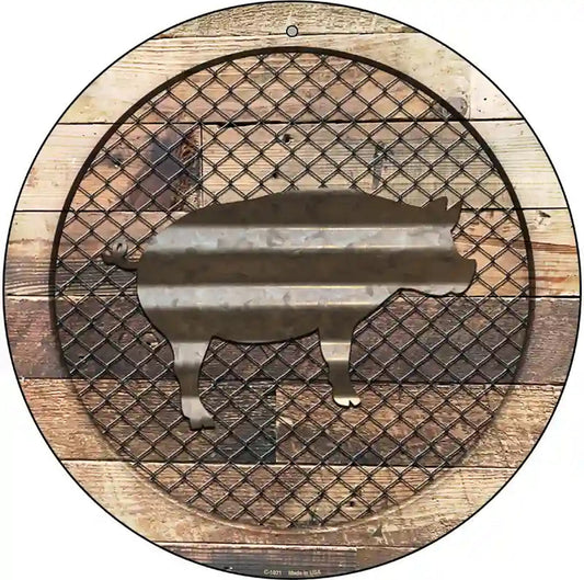 Corrugated Pig on Wood Novelty Metal Circular Sign