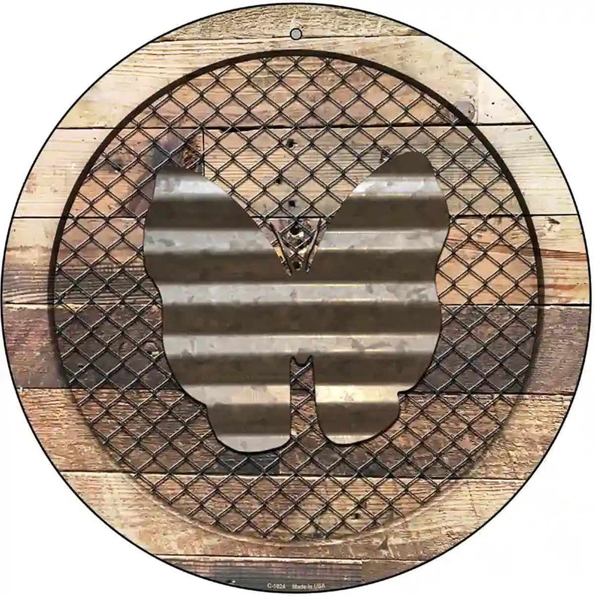 Corrugate Butterfly on Wood Novelty Metal Circular Sign