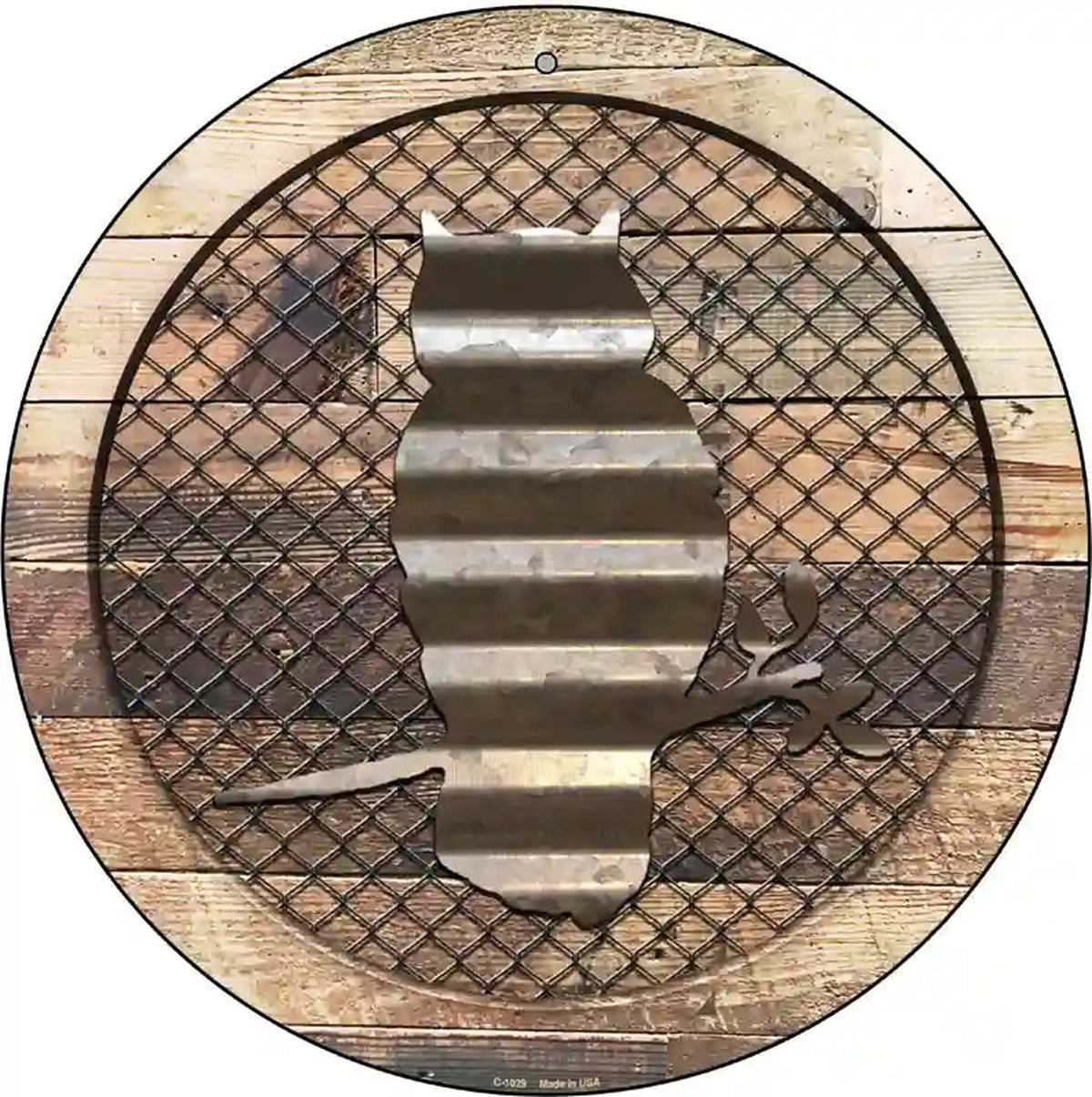 Corrugated Owl on Wood Novelty Metal Circular Sign
