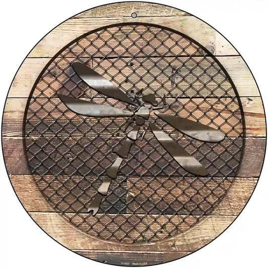 Corrugated Dragonfly on Wood Novelty Metal Circular Sign