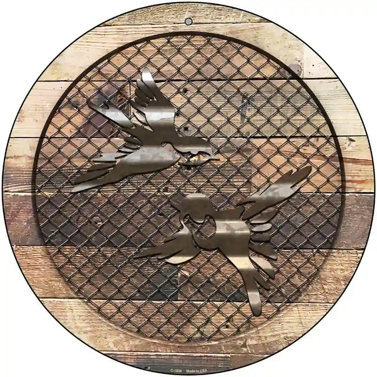 Corrugated Little Birds on Wood Novelty Metal Circular Sign