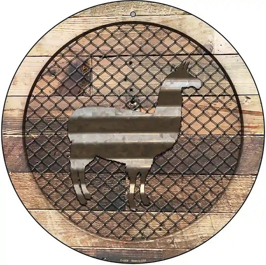 Corrugated Llama on Wood Novelty Metal Circular Sign