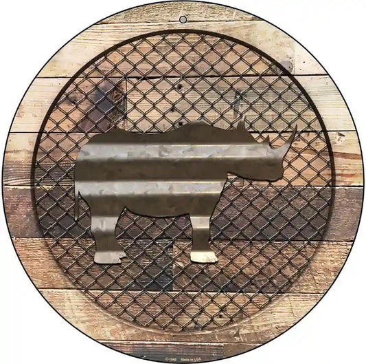 Corrugated Rhino on Wood Novelty Metal Circular Sign