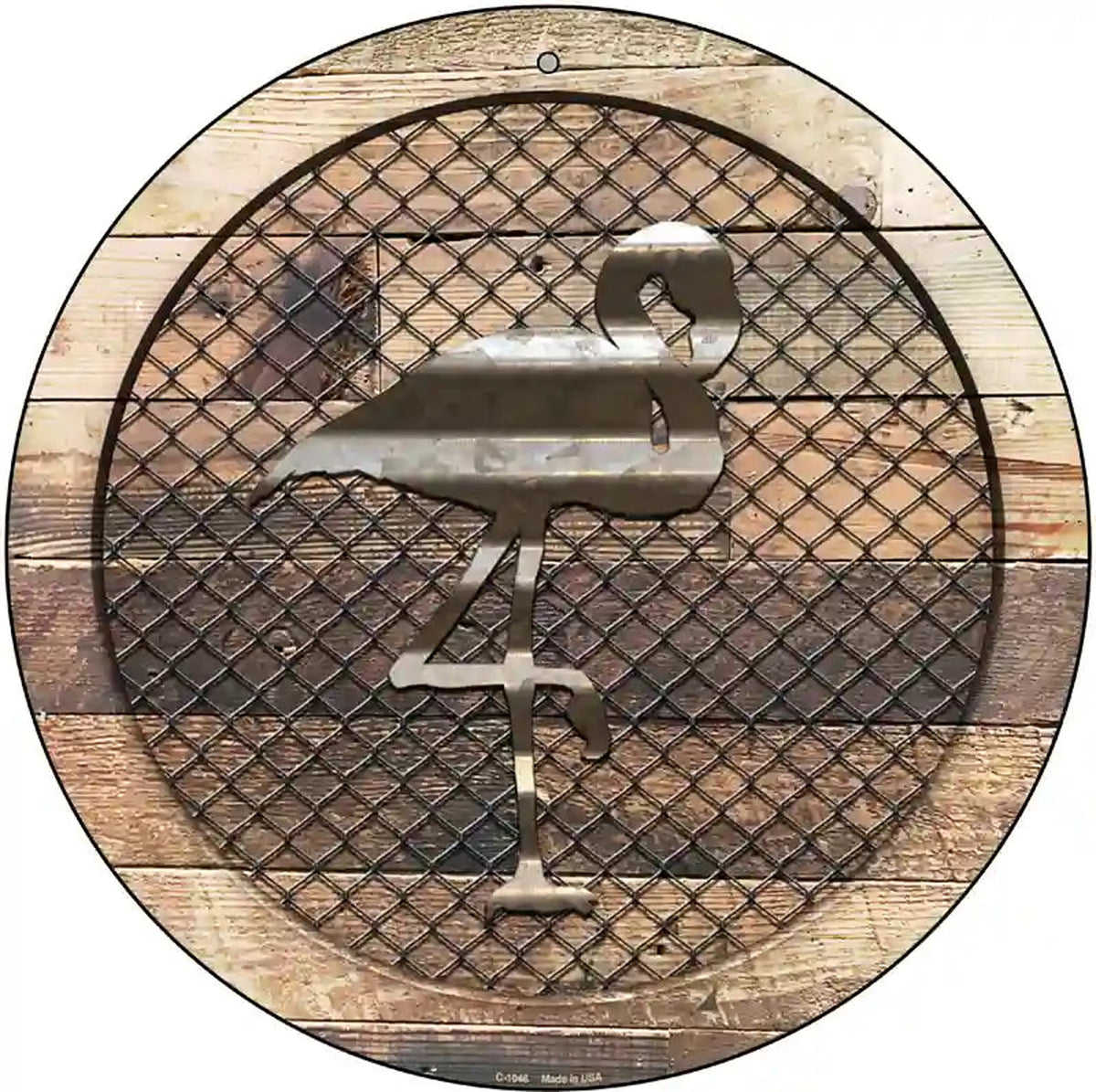 Corrugated Flamingo on Wood Novelty Metal Circular Sign