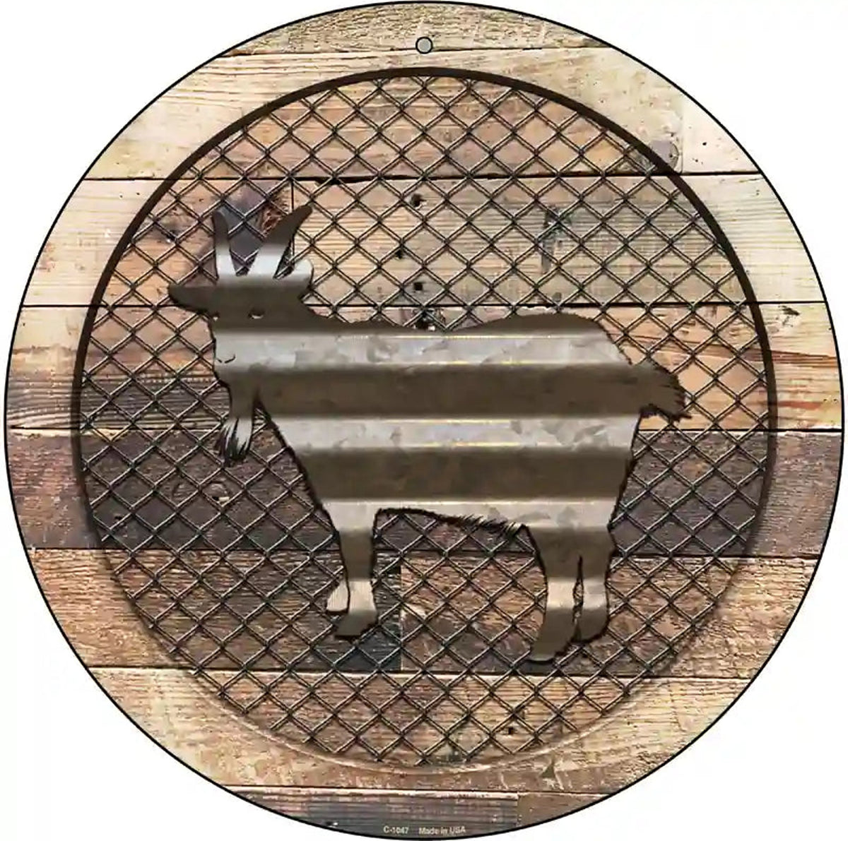 Corrugated Goat on Wood Novelty Metal Circular Sign