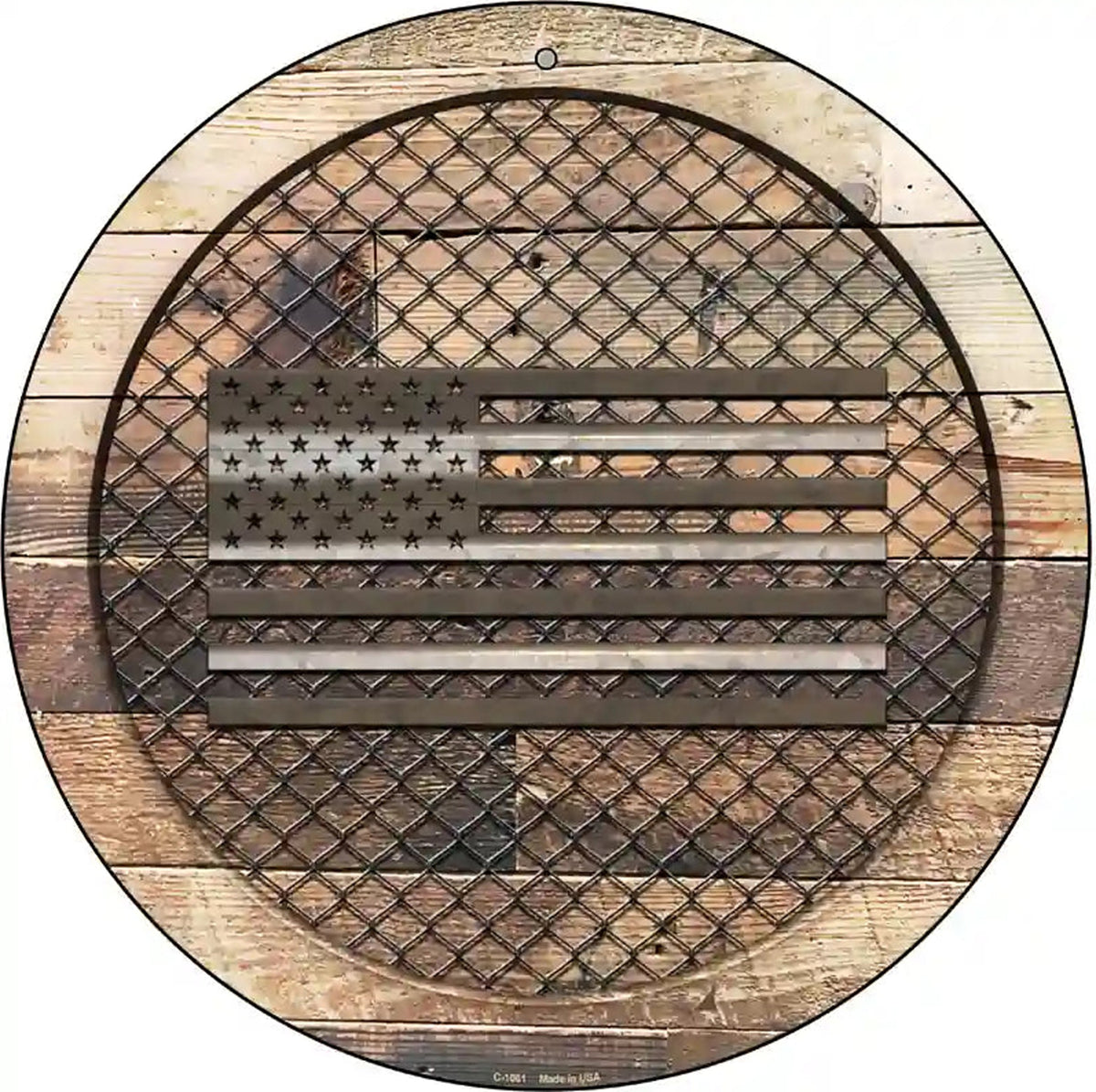 Corrugated American Flag on Wood Novelty Metal Circular Sign