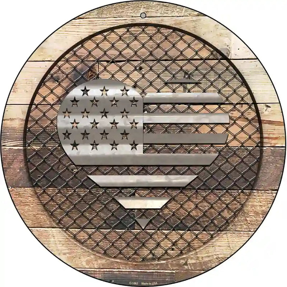 Corrugated American Flag Heart on Wood Novelty Metal Circular Sign