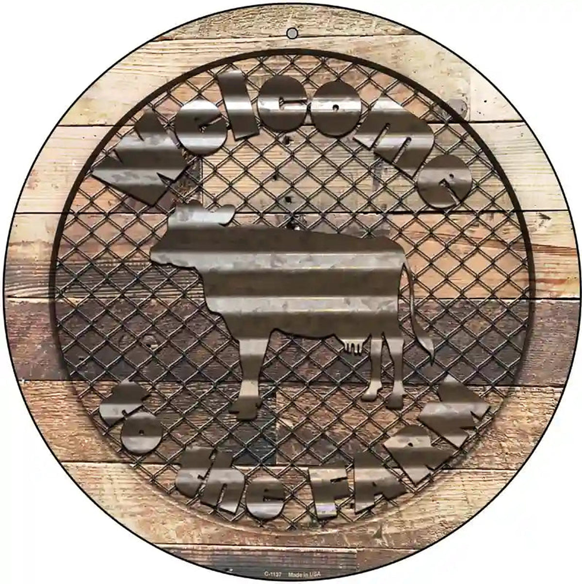 Welcome To The Farm Corrugated Cow Novelty Metal Circular Sign