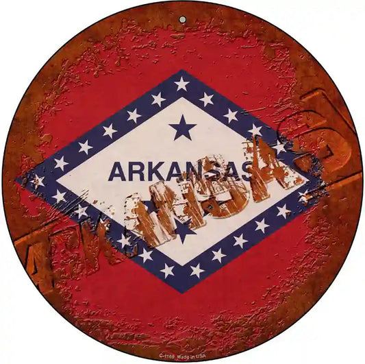 Arkansas Rusty Stamped Novelty Metal Circular Sign
