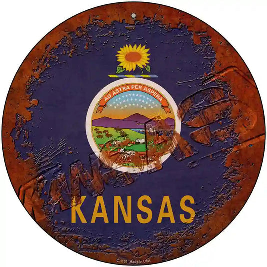 Kansas Rusty Stamped Novelty Metal Circular Sign