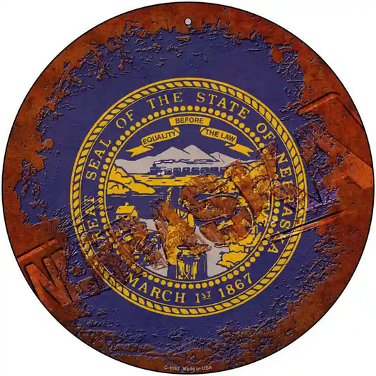 Nebraska Rusty Stamped Novelty Metal Circular Sign
