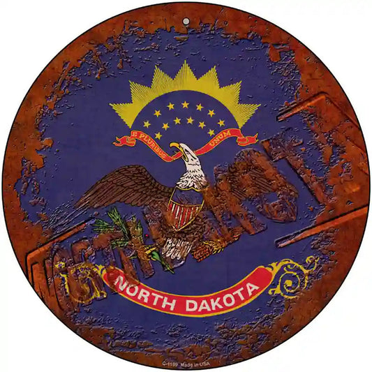North Dakota Rusty Stamped Novelty Metal Circular Sign