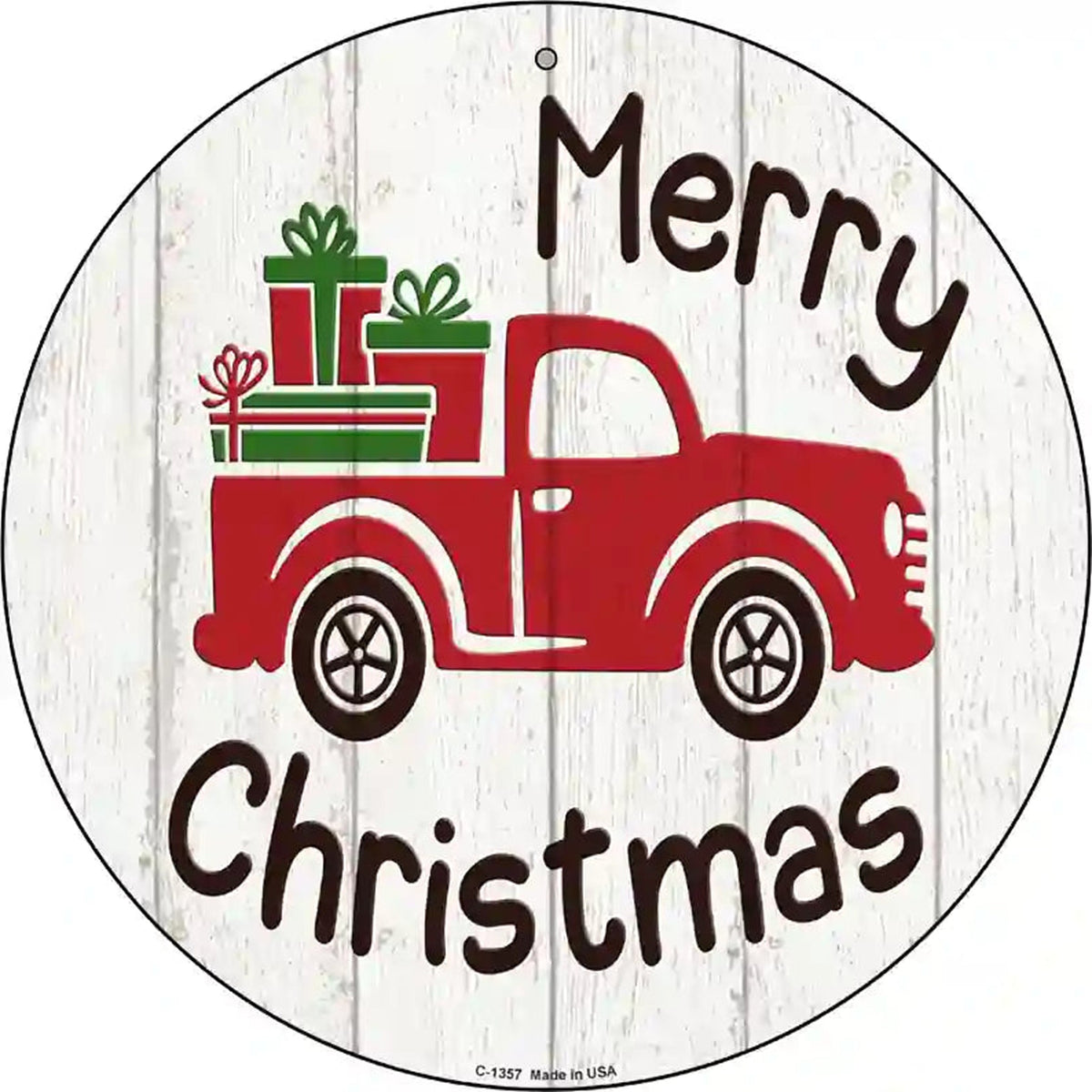 Merry Christmas Present Truck Novelty Metal Circular Sign
