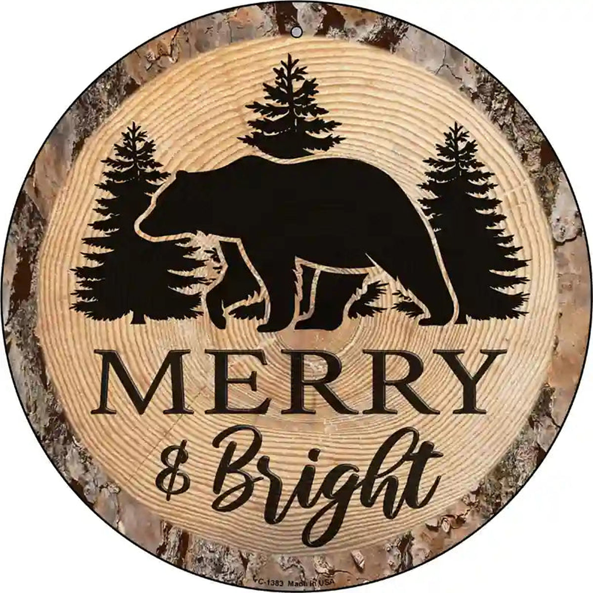Merry and Bright Bear Novelty Metal Circular Sign