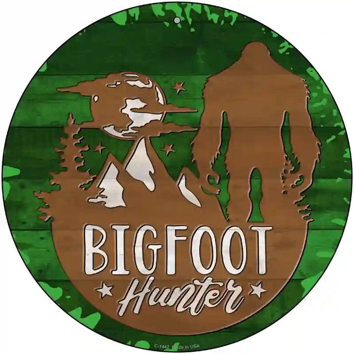 Bigfoot Hunter Shilouette Novelty Metal Circular Sign