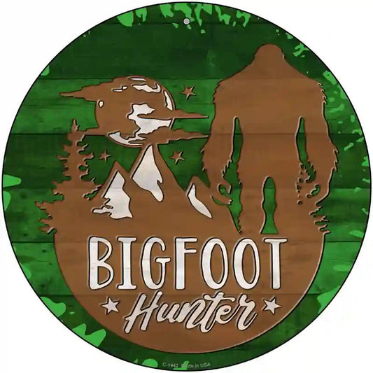 Bigfoot Hunter Shilouette Novelty Metal Circular Sign