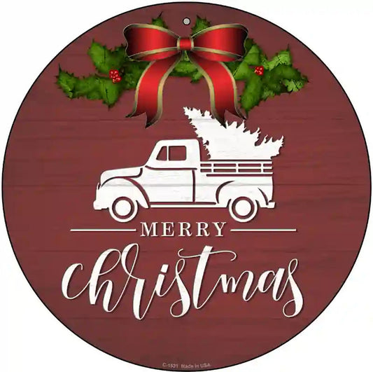 Merry Christmas Truck Red Novelty Metal Circle Sign