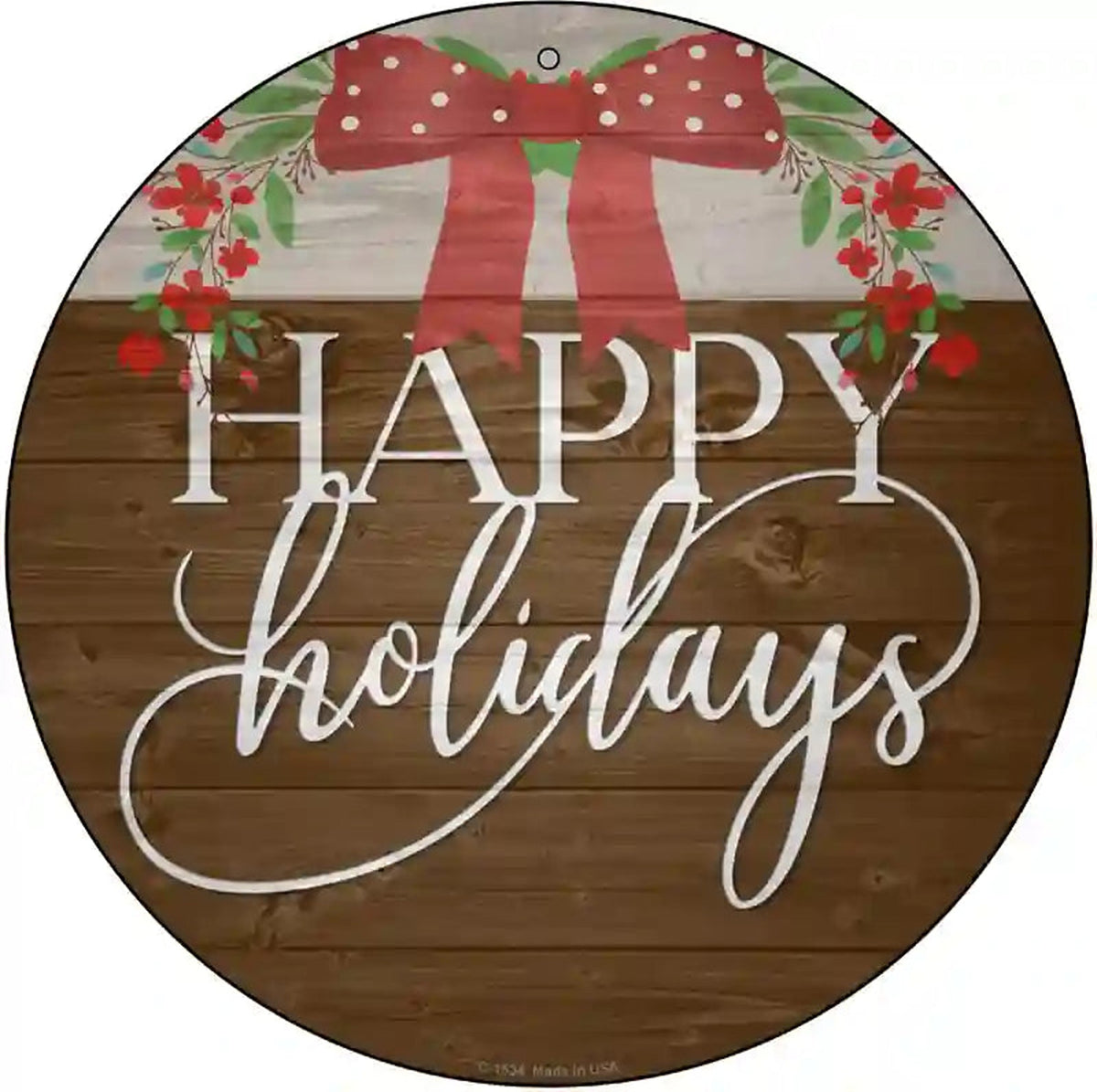 Happy Holidays Bow Wreath Novelty Metal Circle Sign