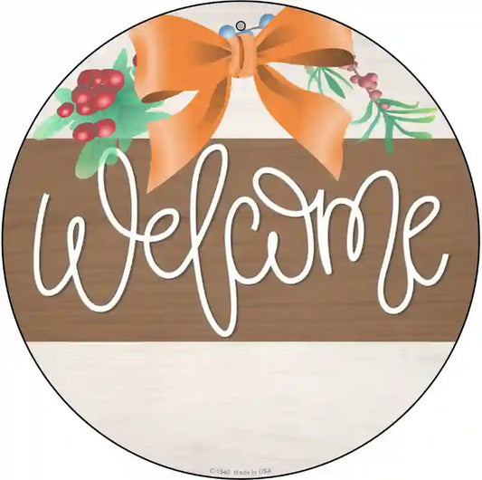 Welcome Bow Wreath Novelty Metal Circle Sign