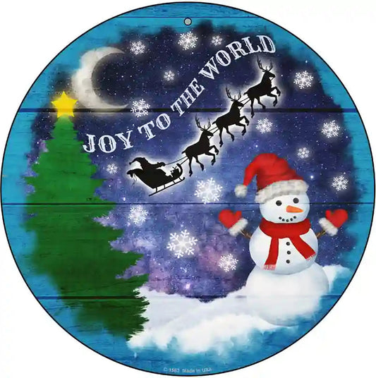 Joy to the World Snowman Novelty Metal Circle Sign