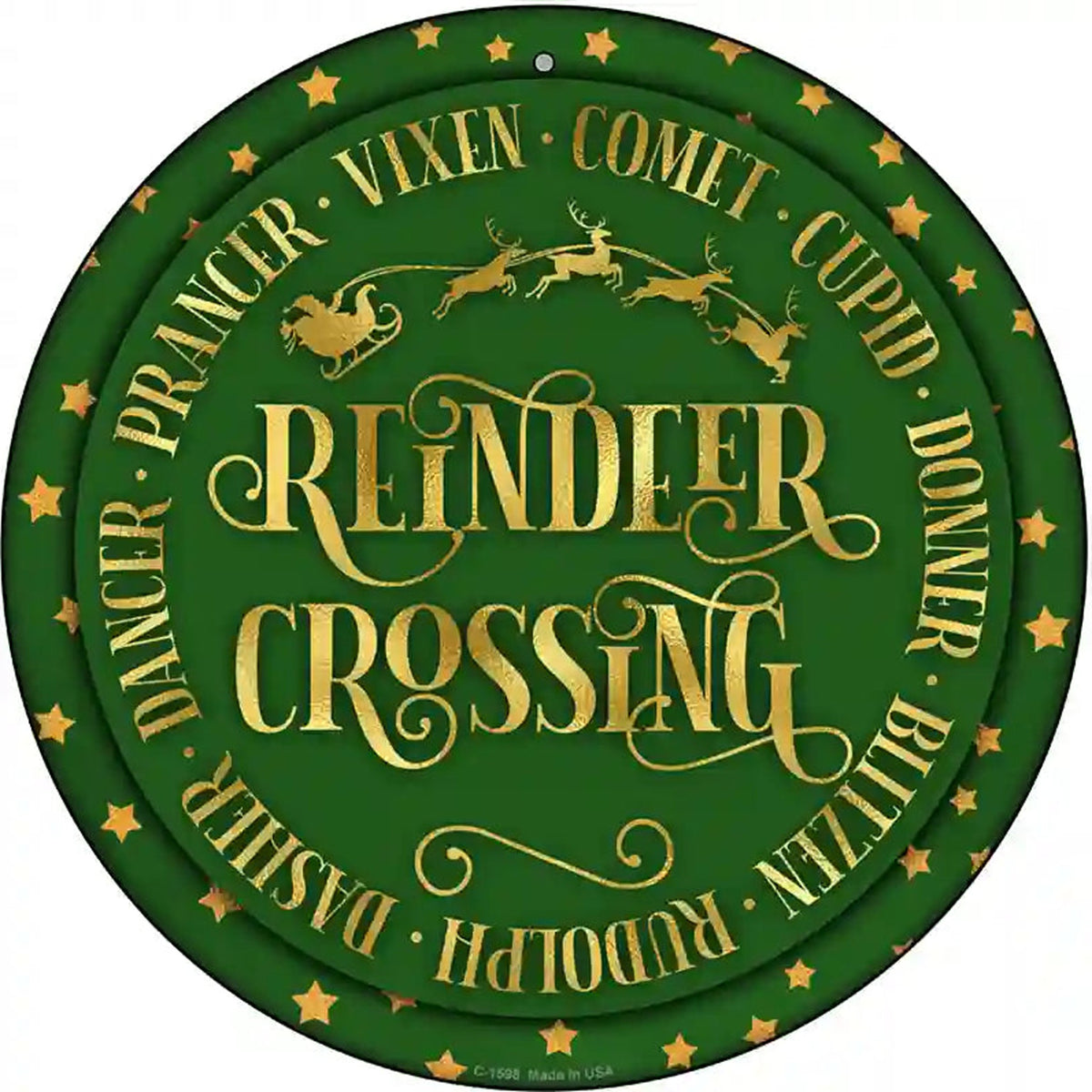 Reindeer Crossing Green Novelty Metal Circle Sign