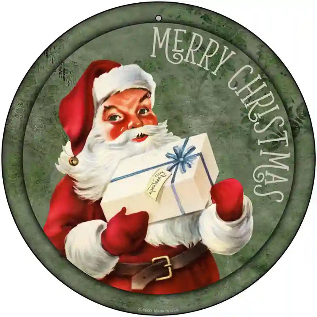 Merry Christmas with Present Novelty Metal Circle Sign