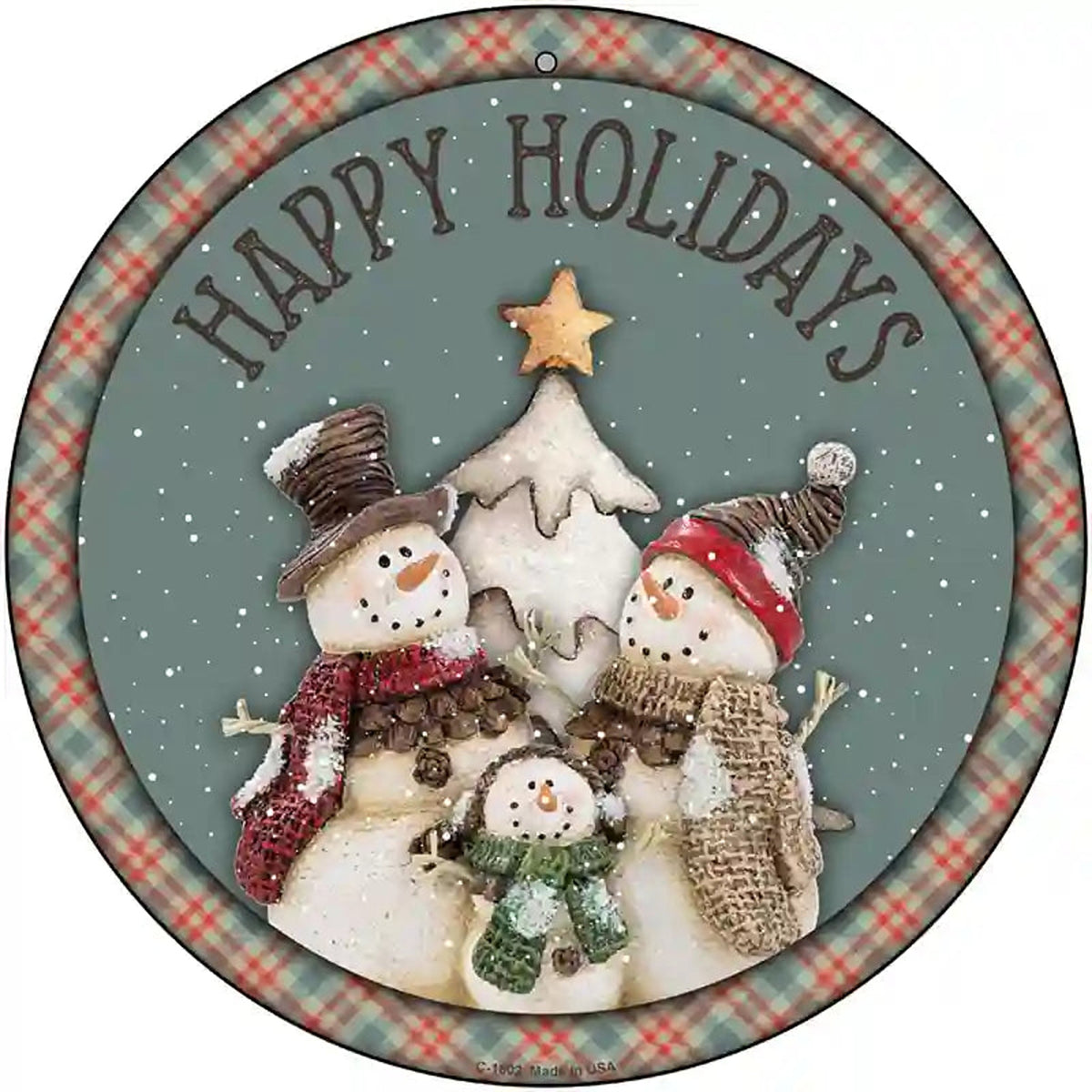 Happy Holidays Snowman Novelty Metal Circle Sign