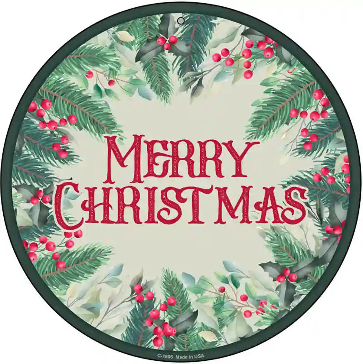 Merry Christmas Red Berries Novelty Metal Circle Sign