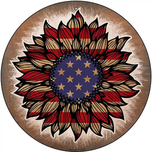 USA Flag Sunflower Novelty Metal Circle Sign
