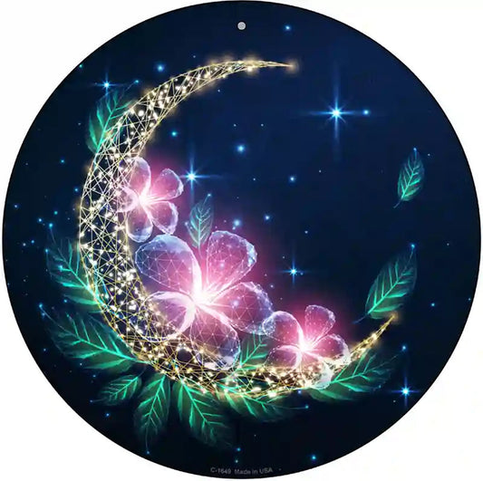Moon and Flowers Novelty Metal Circle Sign