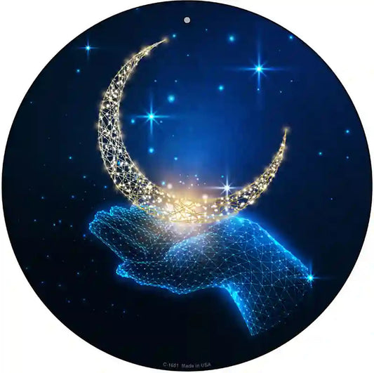 Moon In Hand Novelty Metal Circle Sign