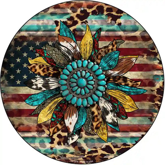 Turquoise Concho Sunflower Novelty Metal Circle Sign