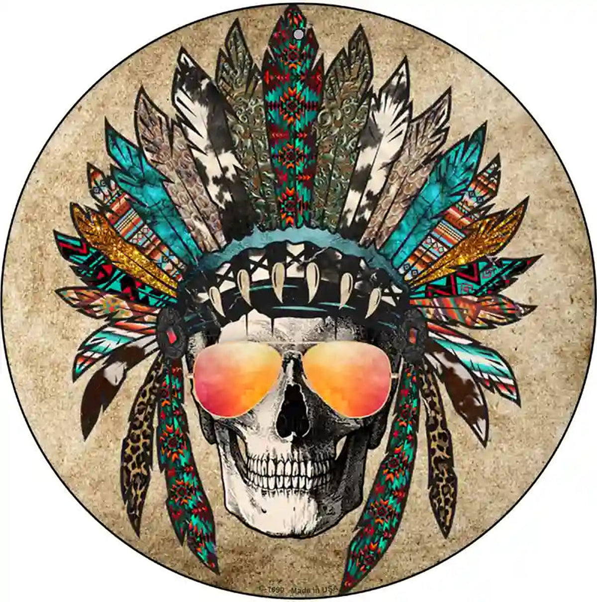 Headress Skull With Aviators Novelty Metal Circle Sign